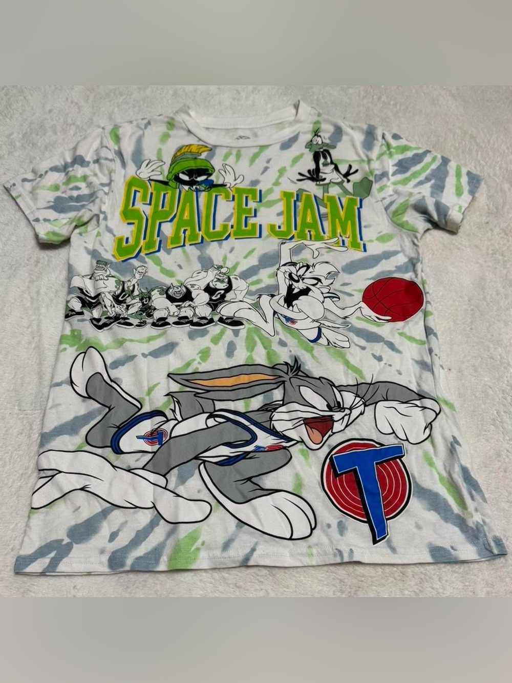 Space Jam Boys' Short Sleeve Tee - White with Green & Gray Tie-Dye